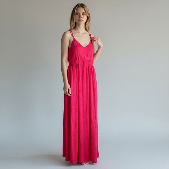 Armani Exchange Solid Pink V Neck Sleeveless Cotton Blend Maxi Dress Size M - Picture 1 of 8